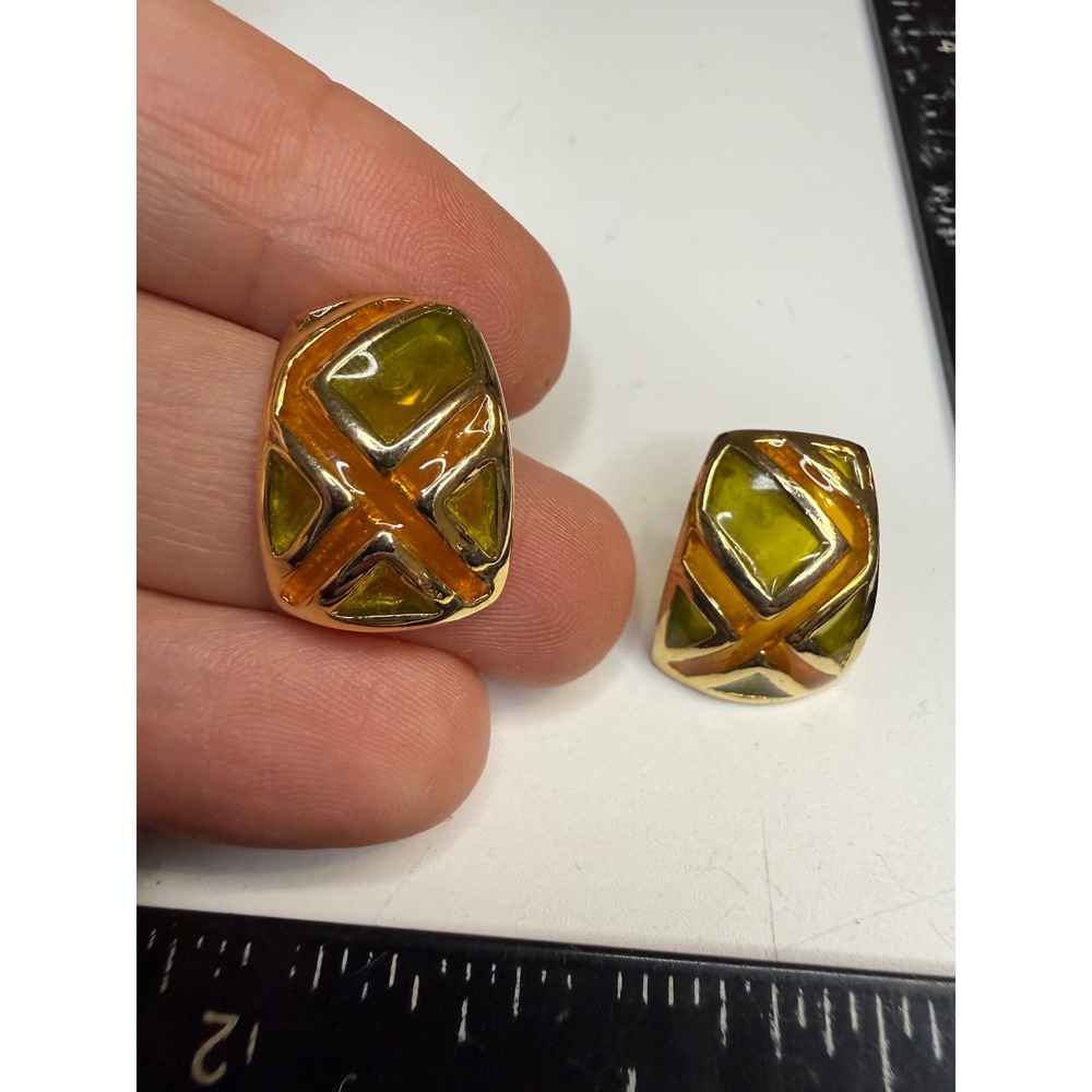 Gold Tone Geometric Mosaic Stud Earrings Amber Olive Green Enamel Rectangular